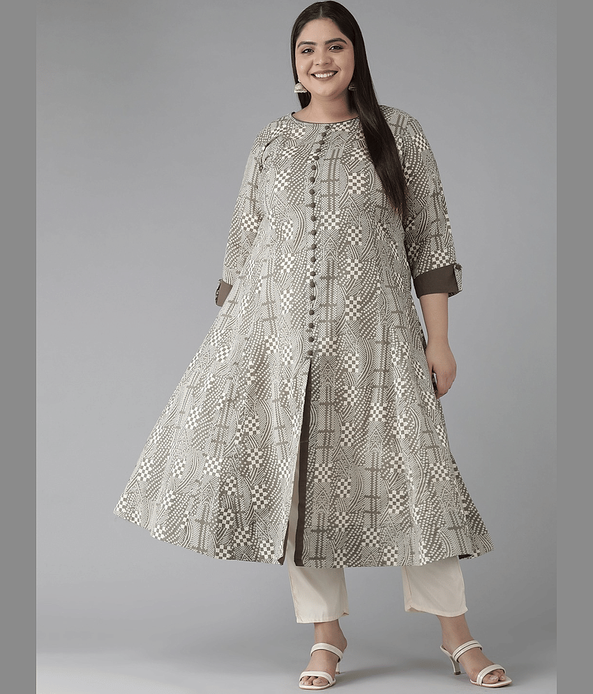 Yash Gallery Cotton Printed Front Slit Women's Kurti - Grey ( Pack of 1 )