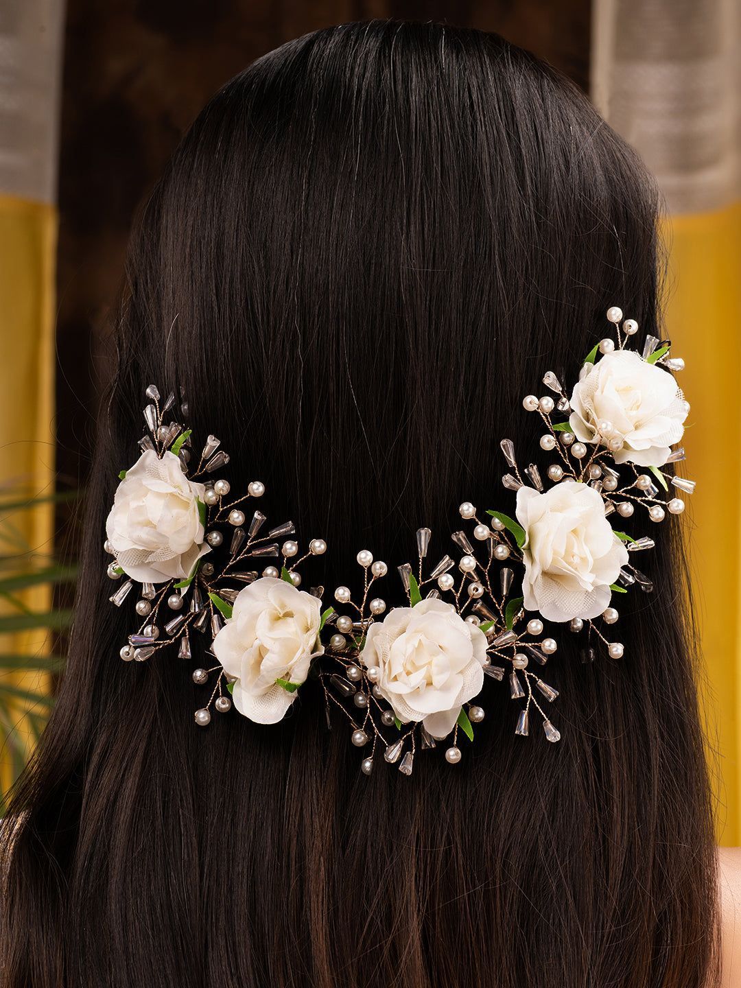 White Rose Pearl Beaded Designer Hair Accessory