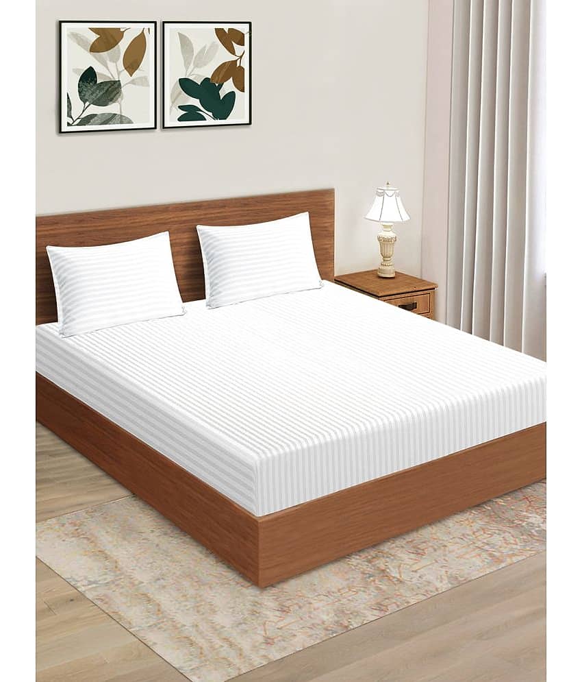 Home Candy Microfiber Vertical Striped King Size Bedsheet With 2 Pillow Covers - White