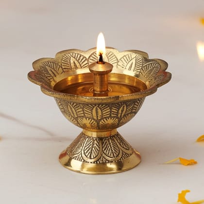 Brass Table Decor Oil Lamp Deepak  - Antique Finish Puja Deepak, Height : 2.1 Inch (FMAS636 C)