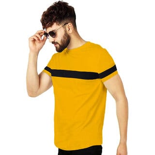 Leotude Men Yellow Color Block Cotton Blend T-Shirt