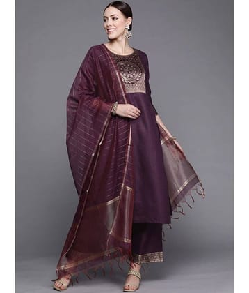 Estela - Wine Straight Cotton Women's Stitched Salwar Suit ( Pack of 1 )