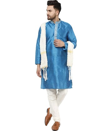 SKAVIJ Turquoise Silk Blend Kurta Pyjama Set