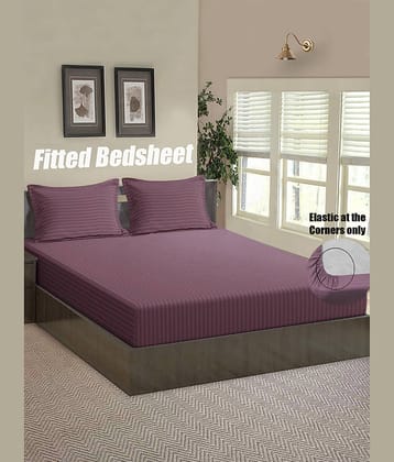 Home Candy Microfiber Vertical Striped Fitted Double Bedsheet with 2 Pillow Covers- Purple