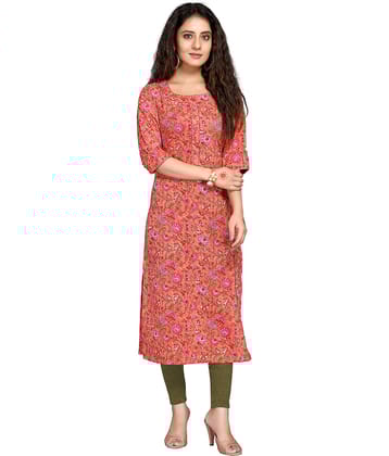 wonder weave Pack of 1 Cotton Printed Straight Women's Kurti - ( Orange )