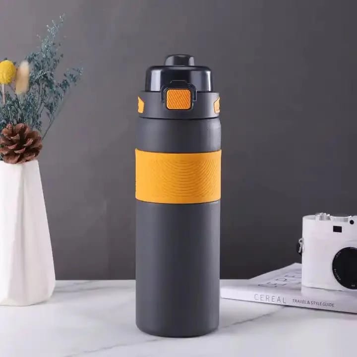 Stylish Dark Grey Water Bottle with Orange Grip - BPA Free & Leak-Proof