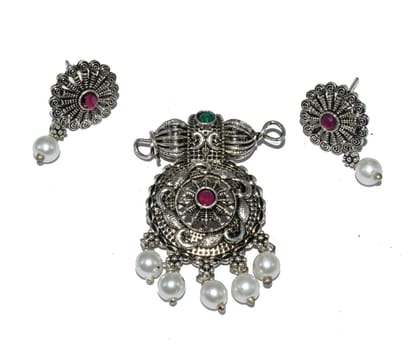 German Silver Metal Oxidized Stone Pendant With Earrings Set For Girls & Woman , MFP-019-Per Pcs