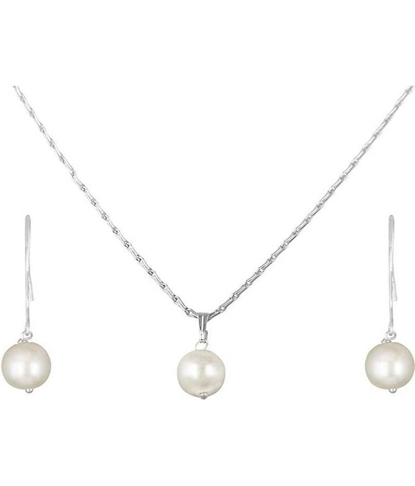 Classic Silver Plated Designer Three Color Pearl Pendant Set with Drop Earrings for Women & Girls Office and Casual Wear (925 Sterling Silver Design)