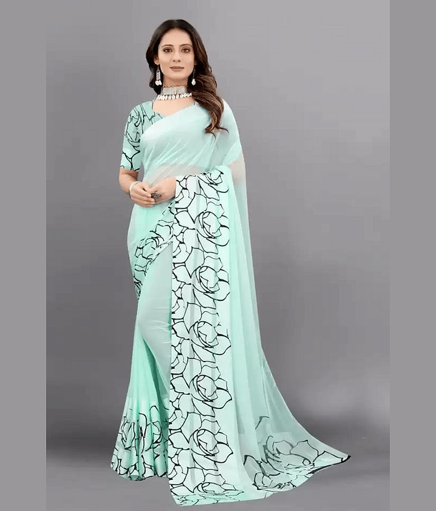 Sitanjali Georgette Printed Saree With Unstitched Blouse Piece ( SkyBlue )