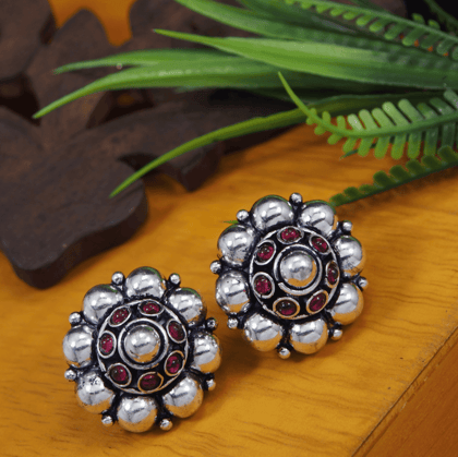 Antique Silver Plated Pink and White Floral Stud Earring- AER 3548
