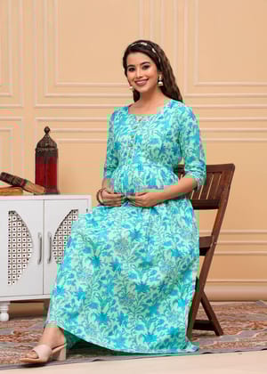 ComfyFeed Cambric Pure Cotton Maternity Cum Feeding Kurti(Sky Blue)-M
