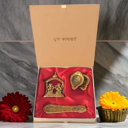 Aluminium Diwali Puja Set with Agarbatti Stand | Laxmi Ganesh Puja Accessories, Height : 4 Inch (ASMAS428 C)