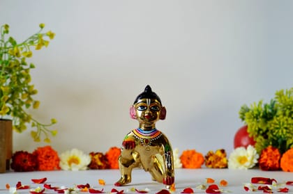 Brass Laddu Gopal Idol kanha (Color - Golden, Size - 5H *4.5L*3B) by Snova Enterprises