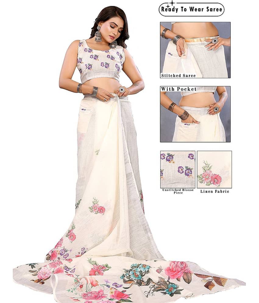 HEMA SILK MILLS Linen Printed Regular Saree With Unstitched Blouse Piece ( Multicolor )