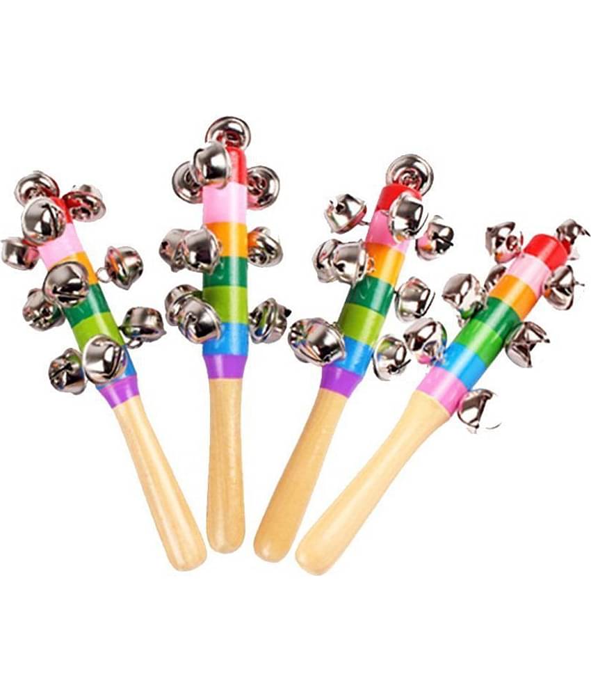 BuzyKart Colorful Wooden Rainbow Handle Jingle Bell Rattle Toy Crib Shaker Stick - Set Of 4