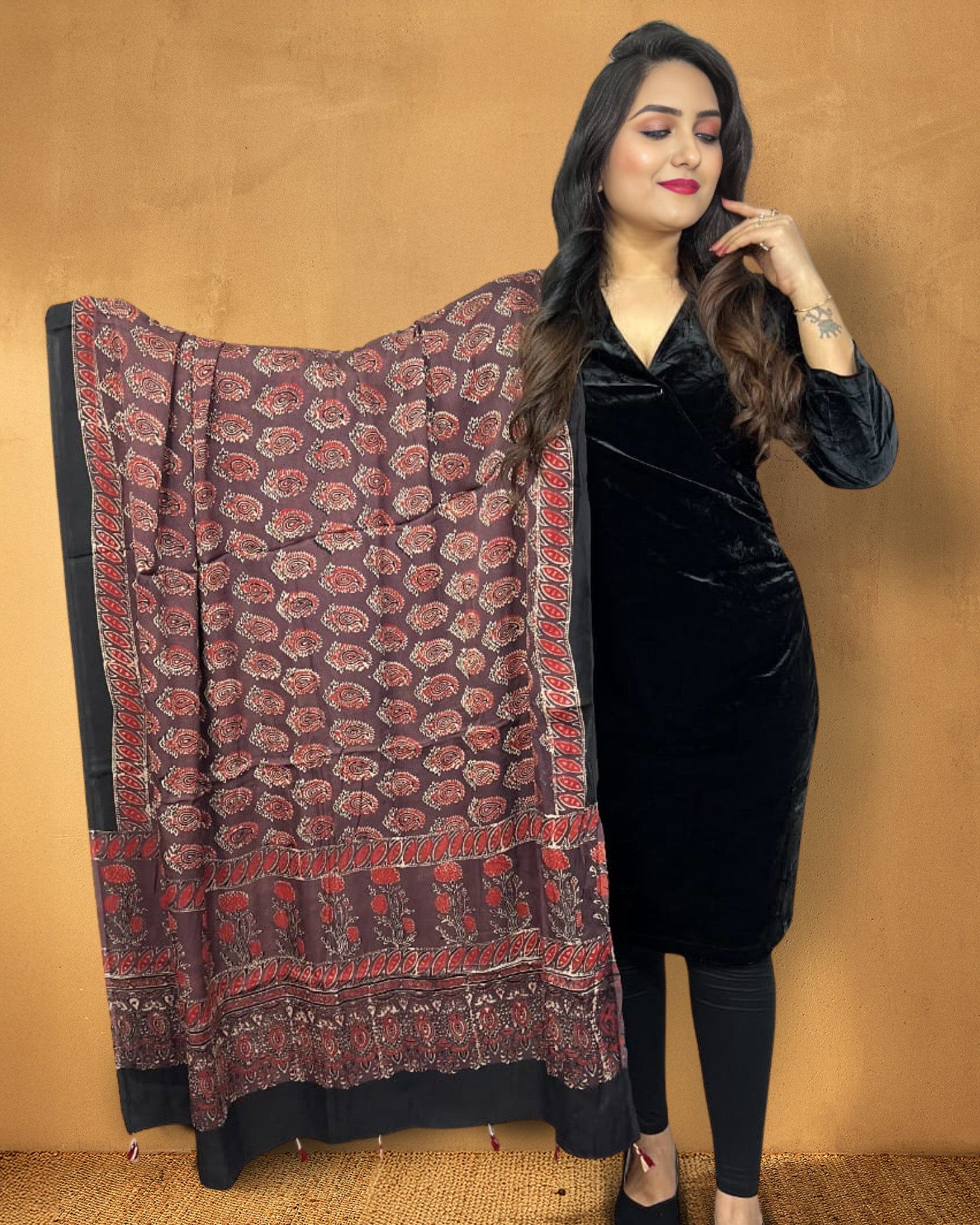 Ethnic Echoes Russet Maroon Modal Silk Ajrakh Dupatta