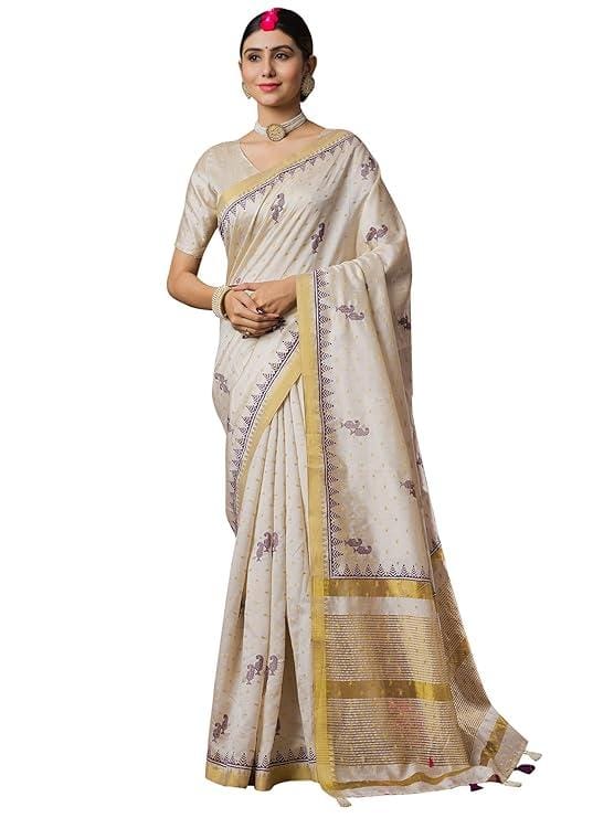 Women's Linen Embroidered Saree With Unstitched Blouse Piece