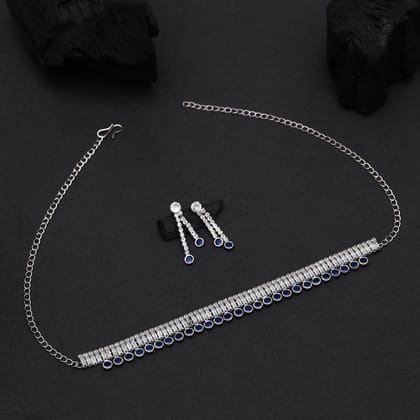 Blue Color Stone Necklace Set (STN205BLU)-Adjustable Chain / Blue / Alloy With Good Quality Silver Plated