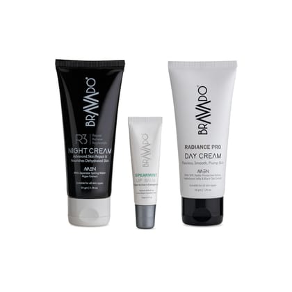 Bravado Personal Grooming 3 In 1 Day & Night Cream Combo Kit - Pack contain - Radiance Pro Day cream, R3 Repair Replenishment Night cream, Lip Balm Spearmint - 109g (Set of 3 Products)
