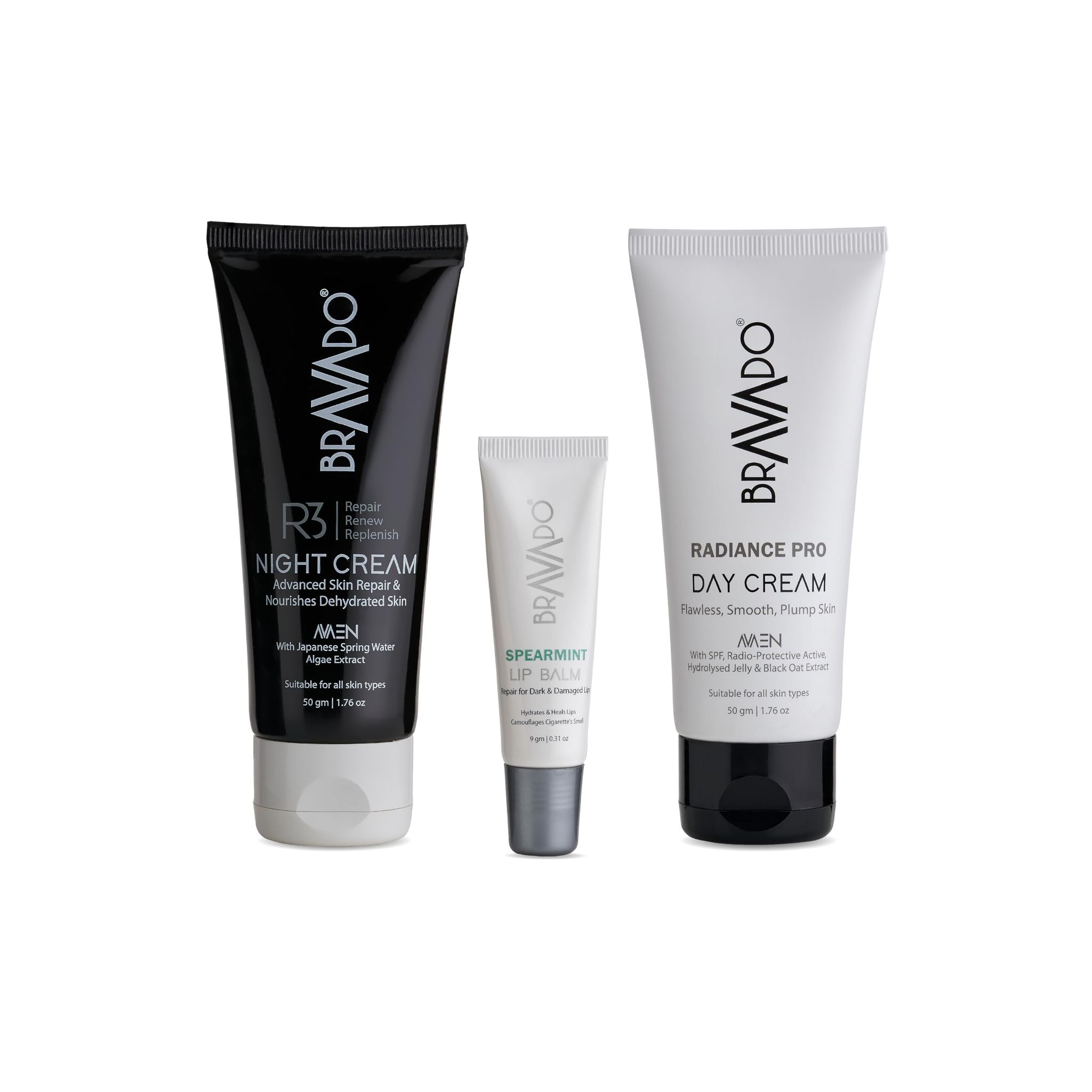 Bravado Personal Grooming 3 In 1 Day & Night Cream Combo Kit - Pack contain - Radiance Pro Day cream, R3 Repair Replenishment Night cream, Lip Balm Spearmint - 109g (Set of 3 Products)