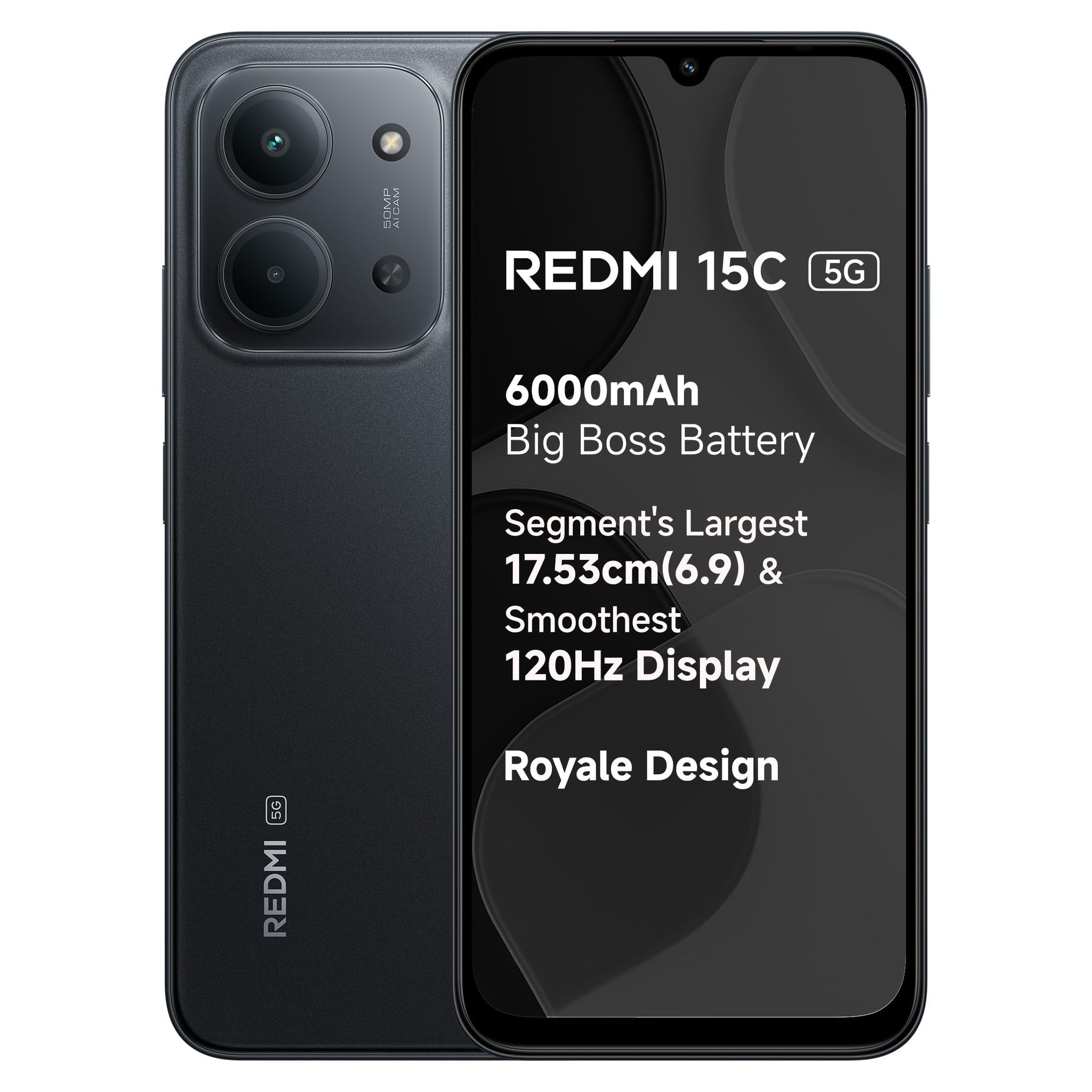 REDMI 15C 5G Midnight Black 6GB + 128GB | Royale Design | Massive 6000mAh Battery | Segment's Largest 17.53cm Display Up to 120Hz | MediaTek Dimensity 6300 | 33W Fast Charging | 50MP AI Dual Camera