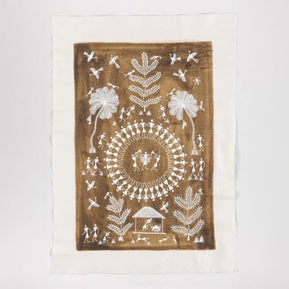 Eyaas Warli Painting of Stick Figures Playing Dhol and Trumpet on Cotton Cloth Unframed