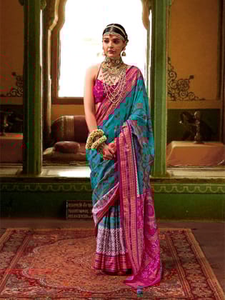Turquoise Soft Silk Printed Patola Saree