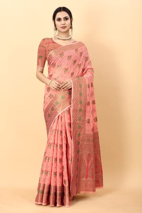 Yavira silk Women's Pink Handwoven Chanderi Saree