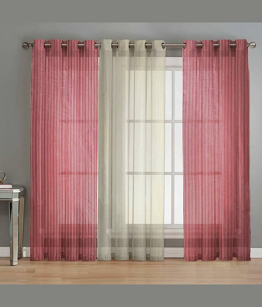 BELLA TRUE Vertical Striped Sheer Eyelet Curtain 7 ft ( Pack of 3 )  Maroon