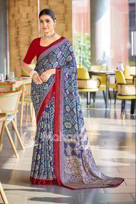 Vivid Blue Ajrakh Printed Soft Modal Silk Natural Print Saree