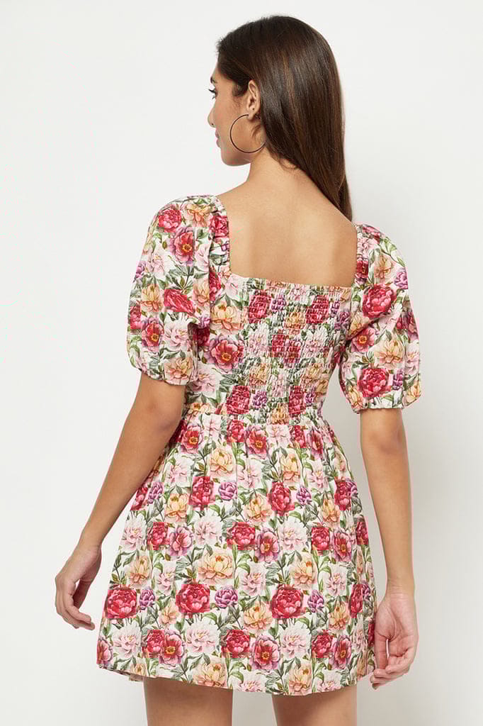 Red Floral Linen Dress