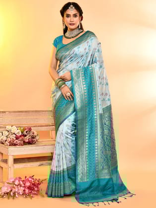 Sky Blue Pure Soft Silk Woven Designed Banarasi Saree