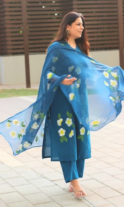 Cotton Prussian Blue Handbrush Painted Suit with Chiffon HandPainted Dupatta-XL