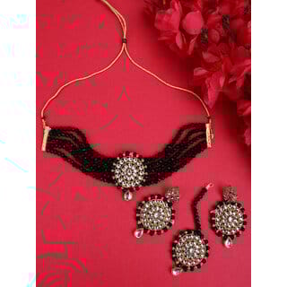 Black Crystal Kundan Full Length 4pc Bridal Choker Jewellery Set