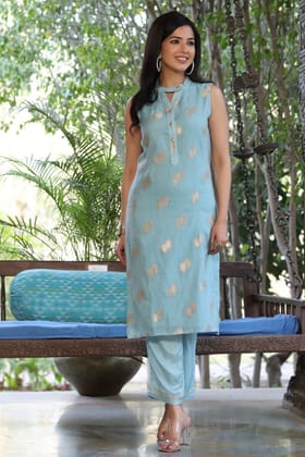 Blue Poly Chanderi Woven Kurta Set VKSET1262