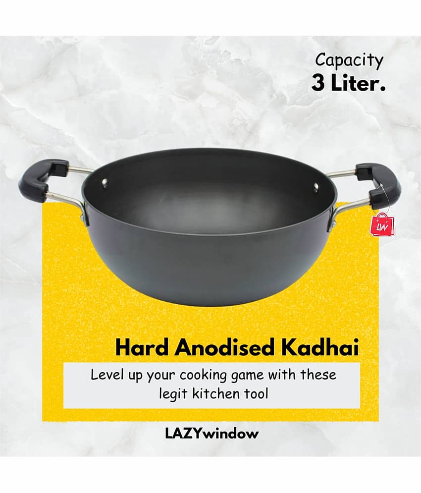 LAZYWINDOW Non coated Aluminium Deep Kadhai Induction Bottom Stainless Steel Handle 3 Thickness mm 25 cm Diameter ( 3 L )