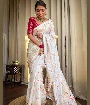 Today Deal Jacquard Woven Saree With Unstitched Blouse Piece ( White )