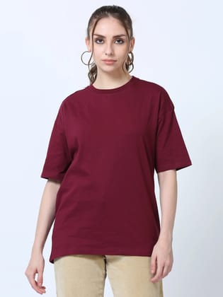 Women Solid Oversized T-Shirt, MAROON-S / Maroon