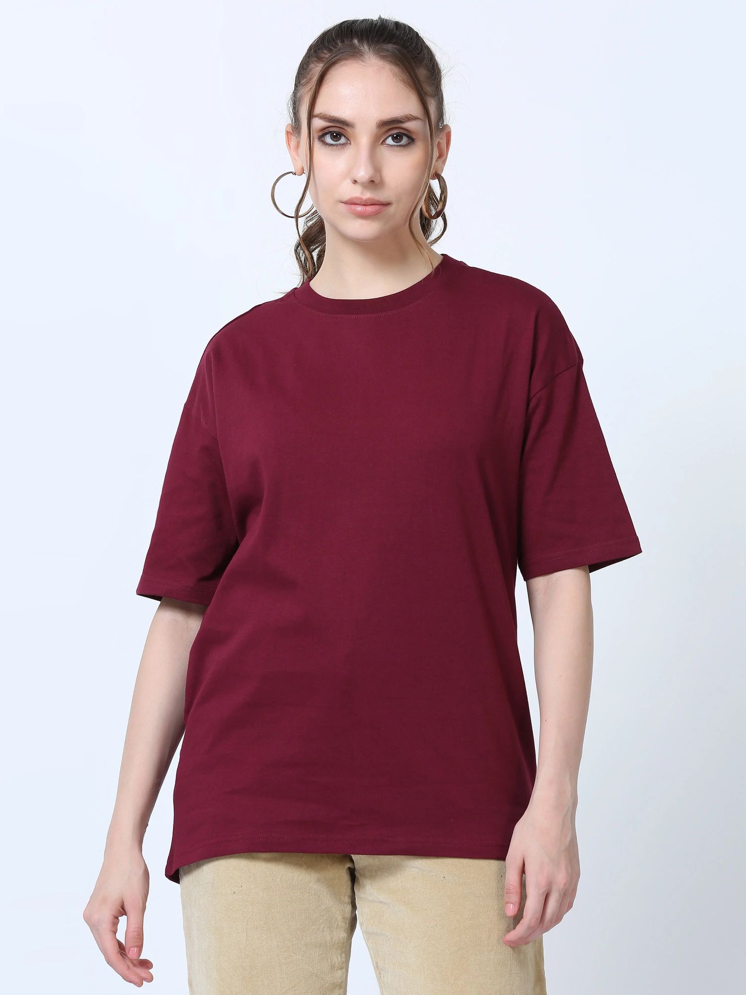 Women Solid Oversized T-Shirt, MAROON-S / Maroon