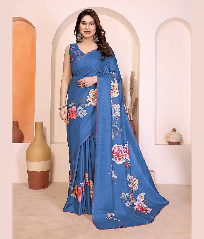 BLEESBURY Cotton Silk Printed Pashmina Saree With Unstitched Blouse Piece ( Blue )