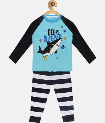 Lazy Shark Pack of 1 Girls Cotton Blend Nightsuit Set ( Navy Blue )