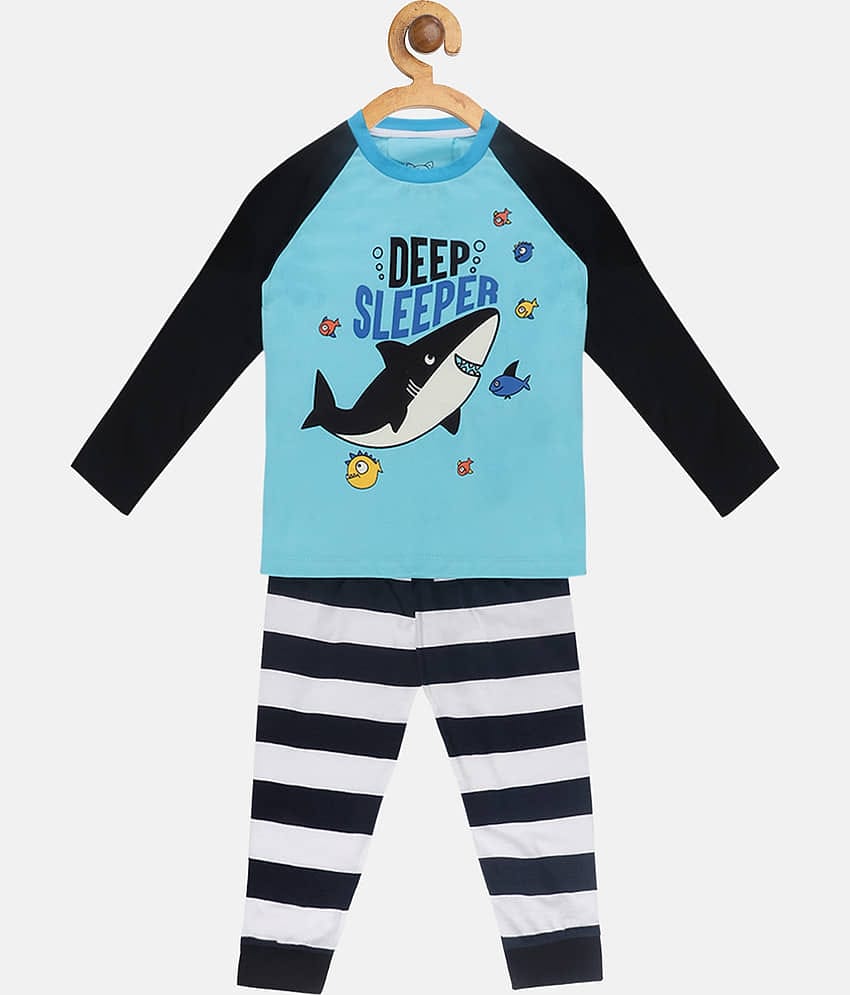 Lazy Shark Pack of 1 Girls Cotton Blend Nightsuit Set ( Navy Blue )