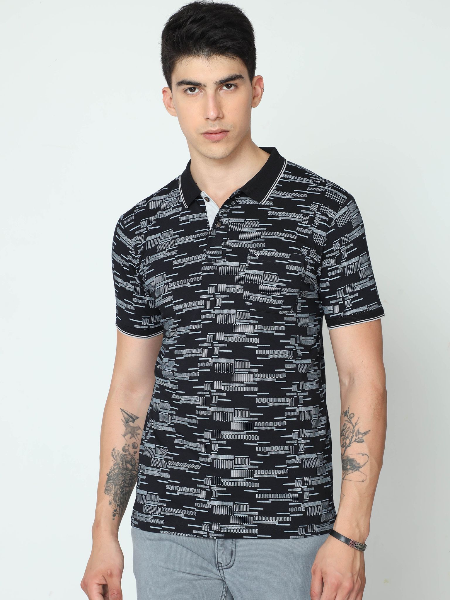 Classic Polo Mens Cotton Half Sleeve Printed Slim Fit Polo Neck Black Color T-Shirt | BELLO - 232 A SF P