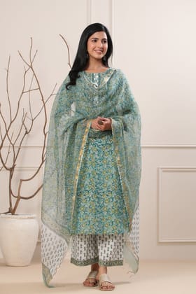 Maheen Afsara Kota Hand Block Printed Dupatta-88 X 254 CM / Green / White / Green