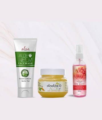 Alna Aloe Neem Face Wash 75ml with Alnalite-G Aloe Gel 100gm & Rose Water 100ml , Pack of 3