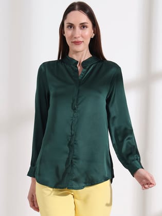 Summer Satin Emerald Green Mandarin Collar Shirt-M / EMERALD GREEN