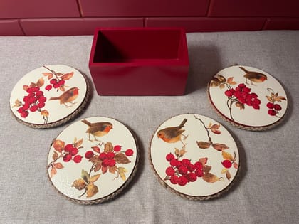 Wooden Round Coasters with Stand-Birds