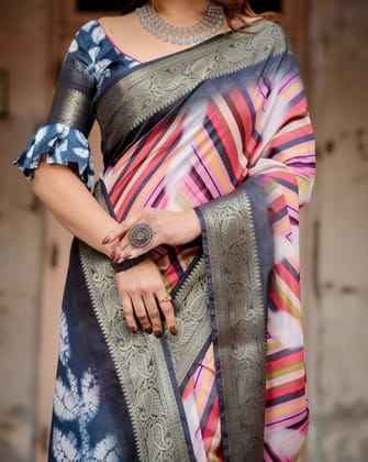 Geometric Multicolor Tussar Silk Saree with Charcoal Gray Zari Border and Abstract Pallu-Regular