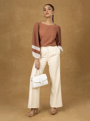 Brown Round Neck Pleated Sleeve Top-XS