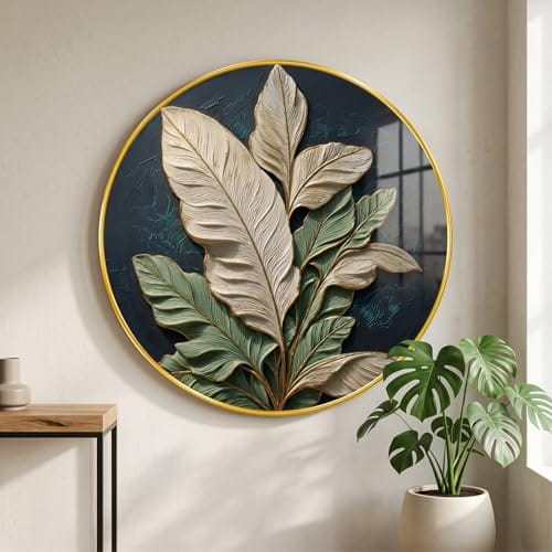 Wall Painting with Golden PVC Frame Round Botanical Wall Art Modern Design for Living Room Bedroom Office Home